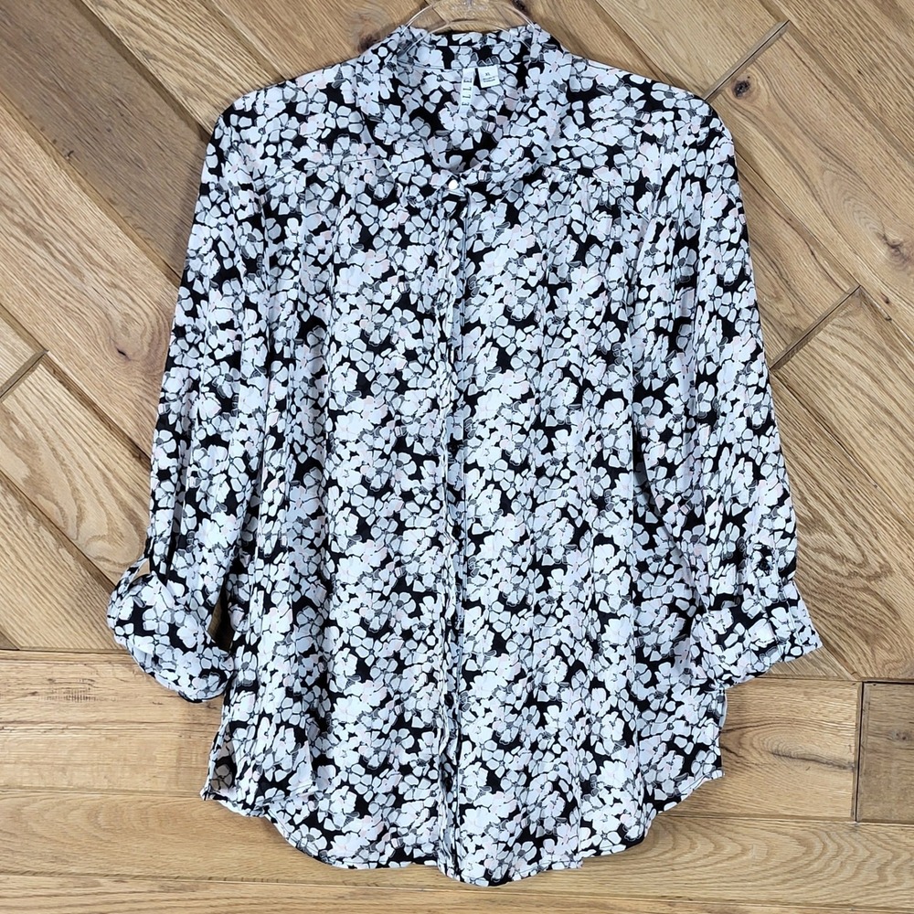 ELLE Button Down Shirt Women XL Floral Geometric Print Long Sleeve Black White